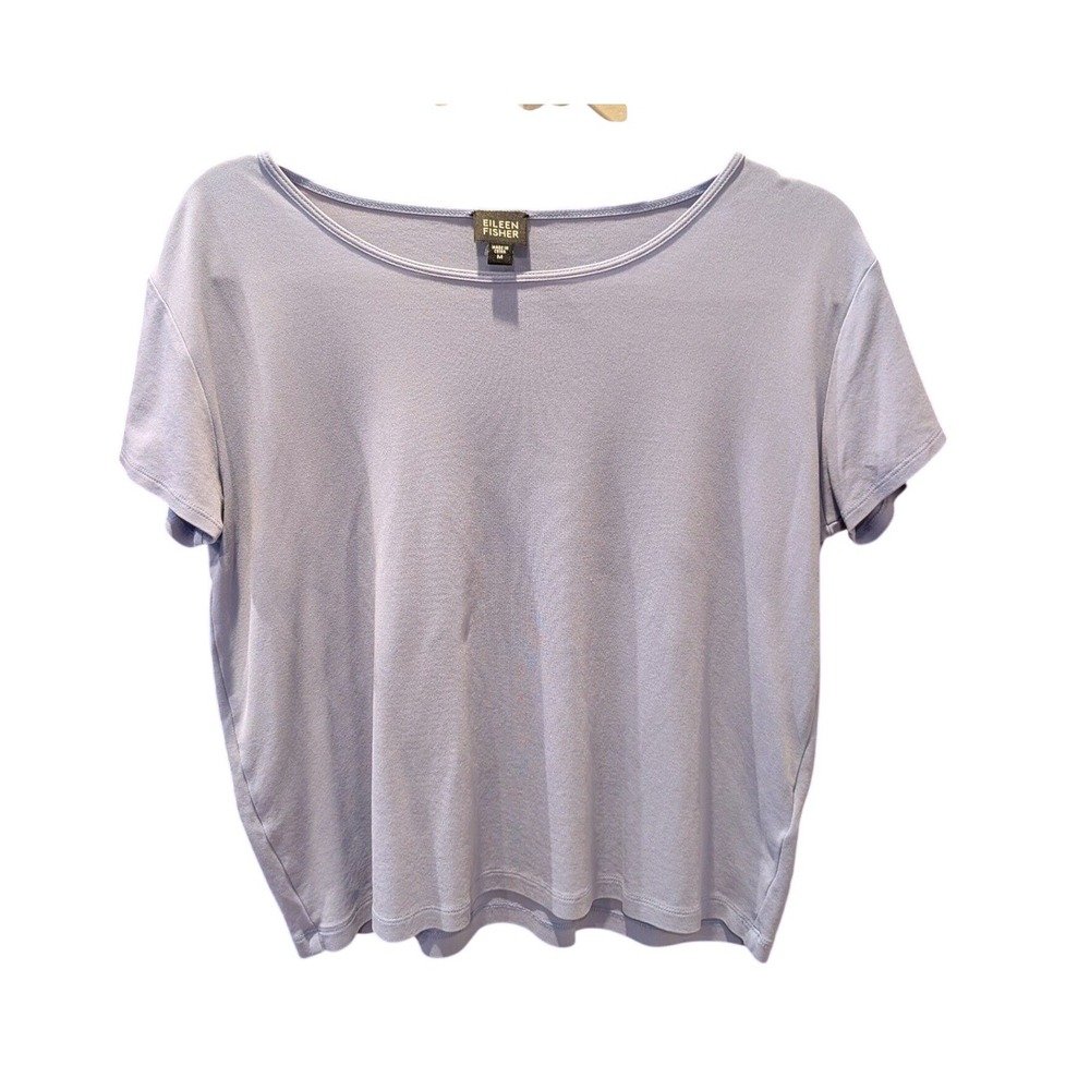 Eileen Fisher 100% Silk Short Sleeve Scoop Neck Top Light Blue Periwinkle Medium